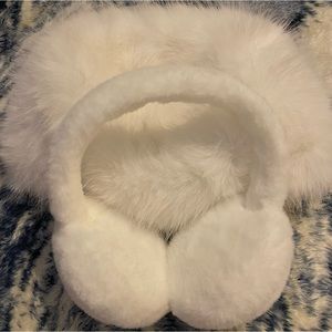 white fluffy bucket hat & ear muffs